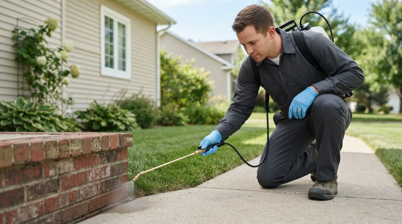 Pest control technician treating a home near Hamptonville, NC